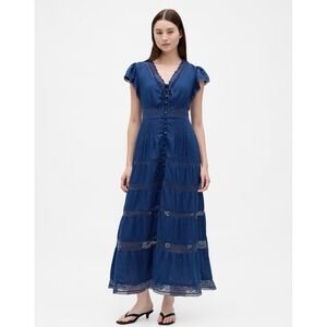 NEW! Gap Lace Trim Midi Dress Flutter Sleeves Buttons Down Front Blue SZ MP